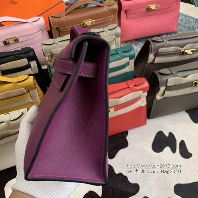 Hermes凱利女包 愛馬仕Minikelly pochette一代 原廠進口swift皮 半手工蠟線 玫瑰紫 金銀扣  tdh2263